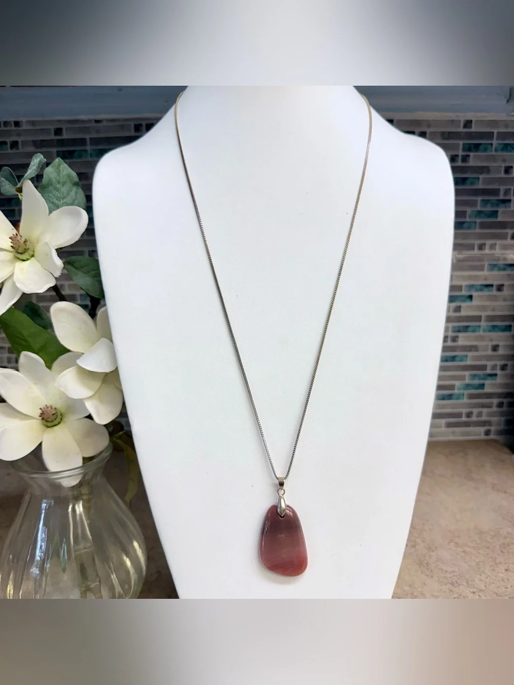 Natural Pink Banded Agate Pendant Necklace Sterling Silver Carnelian Boho